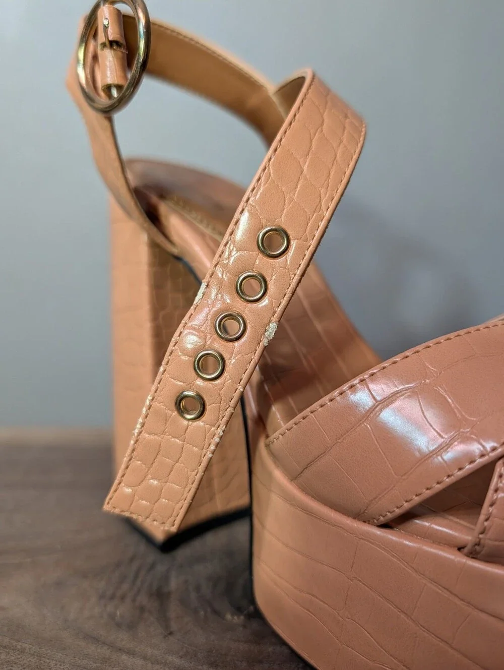 ASOS Croc-Embossed Platform Block Heel Sandals in Peach